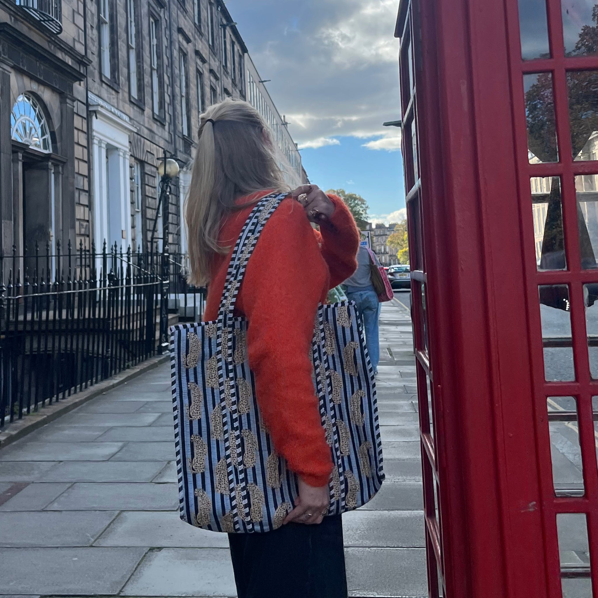 Blue stripe leopard tote