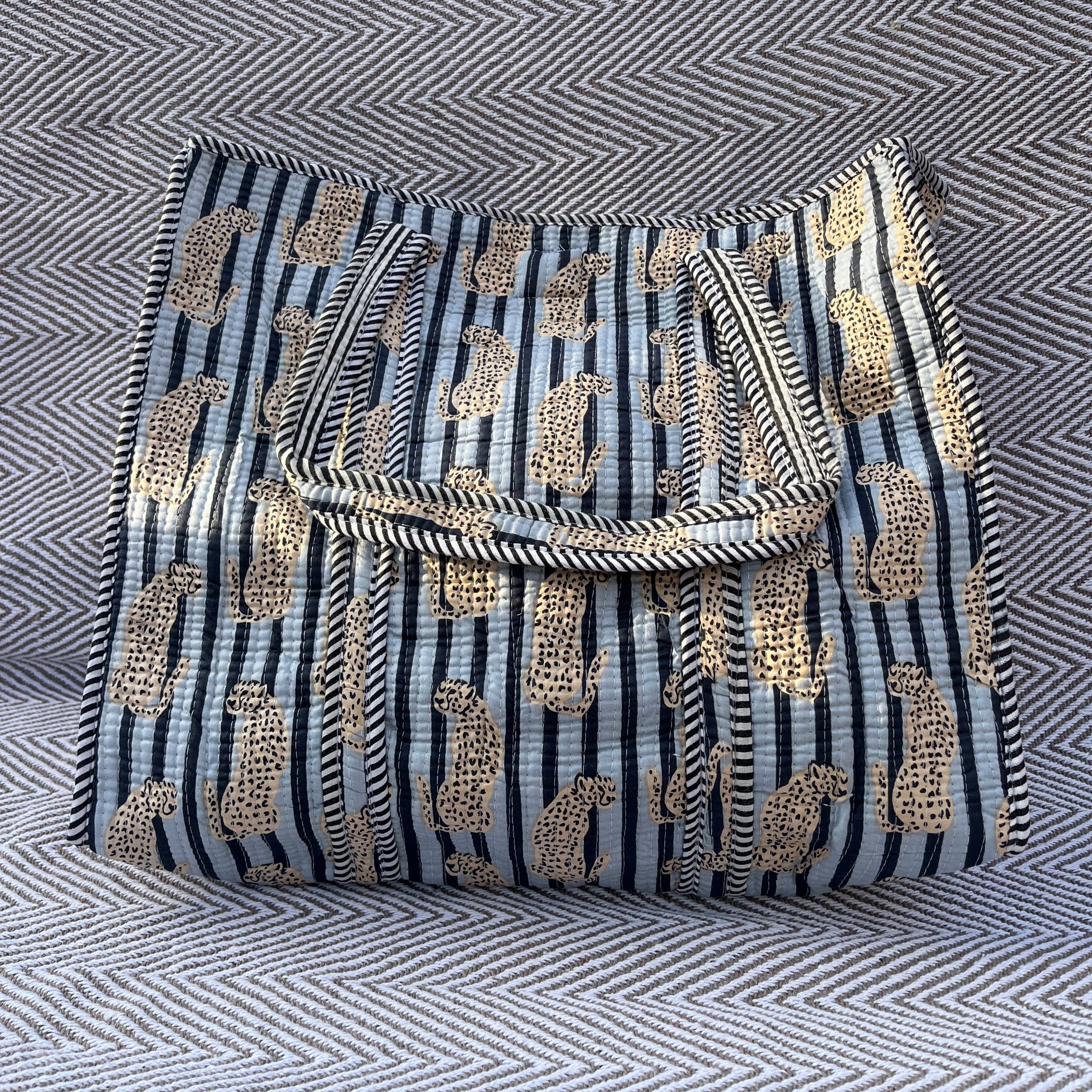 Blue stripe leopard tote