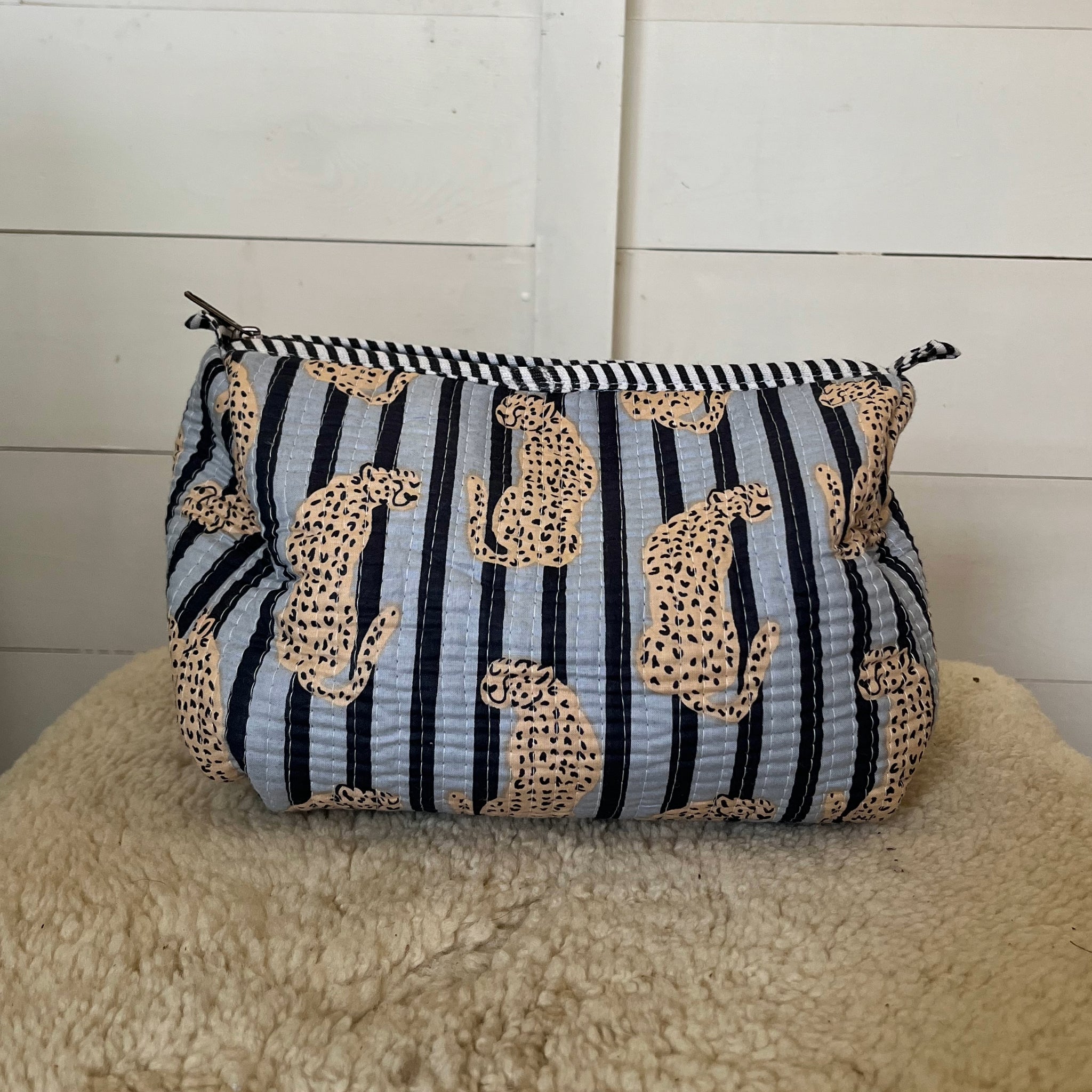 Blue stripe leopard washbag