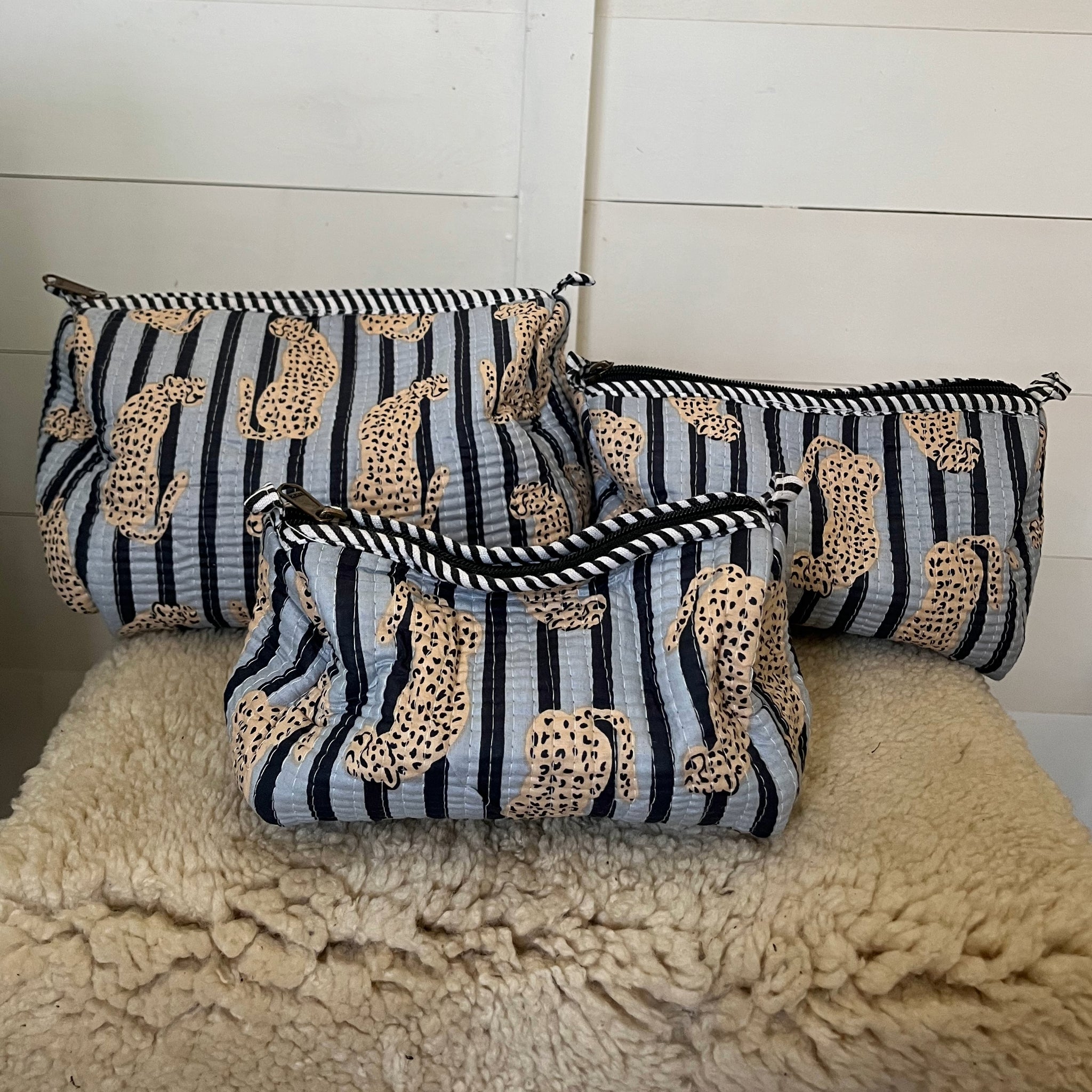 Blue stripe leopard washbag